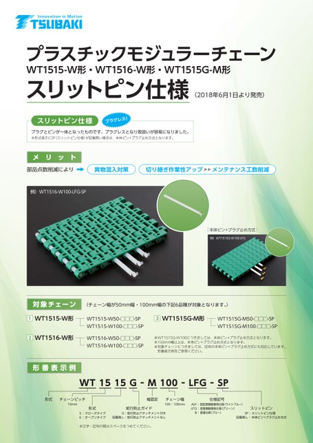 带缝隙销的塑料模块链条WT151 5-W、WT151 6-W 和 WT151 5G-M 型